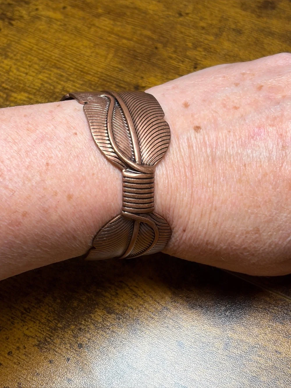 Copper Tone Feather Cuff Bracelet Boho Southwestern Statement